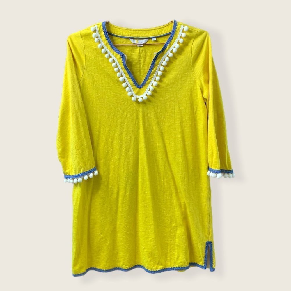 Boden Solid Pom Pom Tunic Dress Yellow/Blue Hem 8